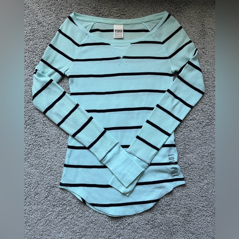 PINK Victorias Secret Long Sleeve Ribbed Green w/Black Stripes T-Shirt Size XS